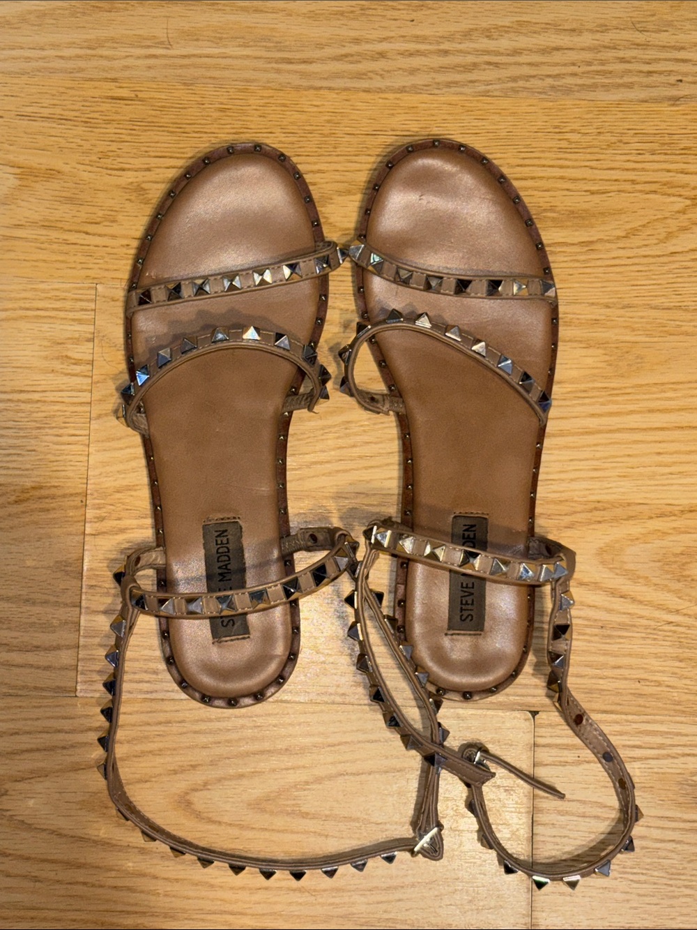 Steve Madden Brown Studded Leather Ankle-Strap Sandals